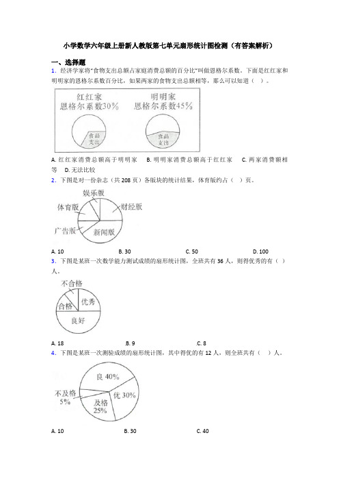 小学数学六年级上册新人教版第七单元扇形统计图检测(有答案解析)