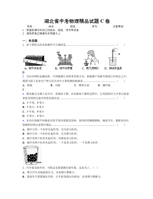 湖北省中考物理精品试题C卷附解析