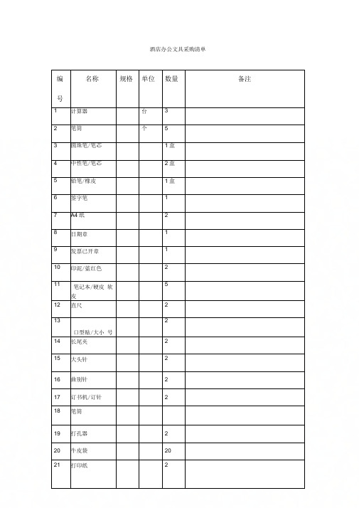 酒店前厅文具采购清单