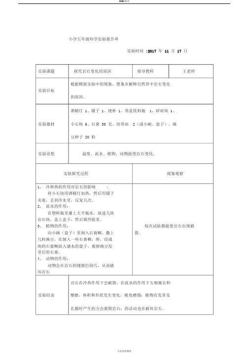 科教版五年级上册《探究岩石变化的原因》实验报告