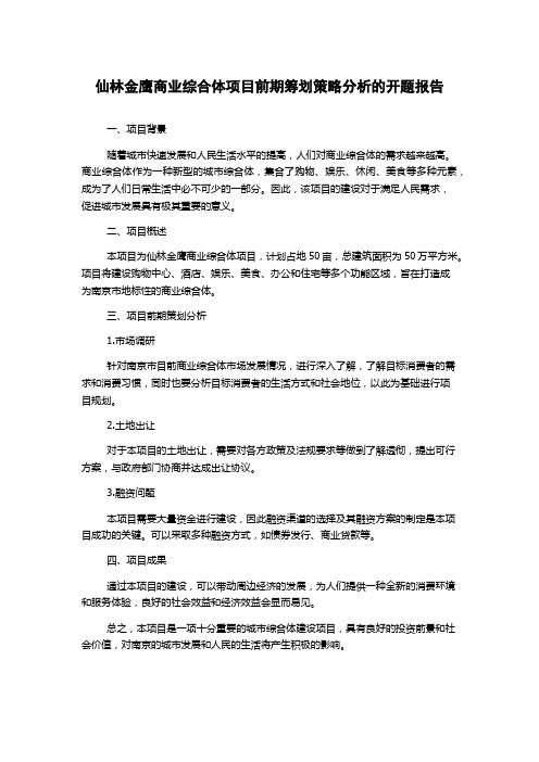 仙林金鹰商业综合体项目前期筹划策略分析的开题报告