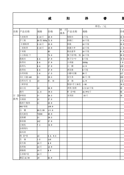 冷冻食品价目表