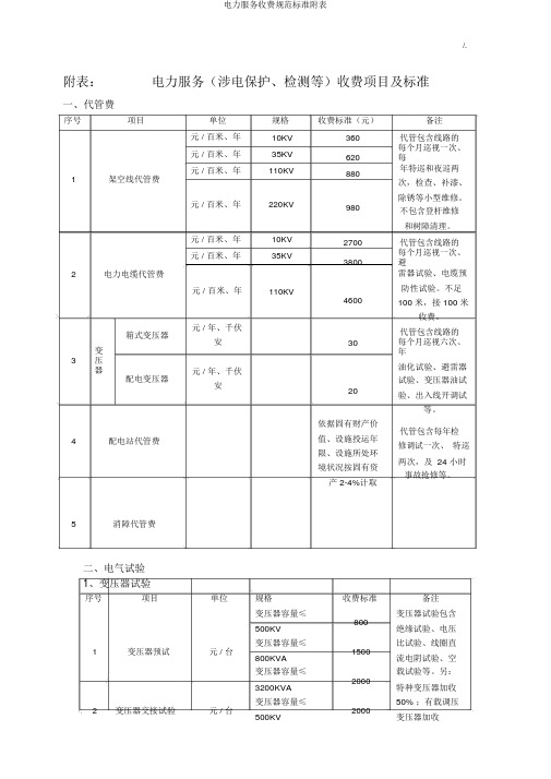 电力服务收费规范标准附表