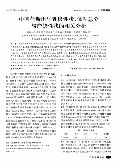 中国荷斯坦牛乳房性状、体型总分与产奶性状的相关分析