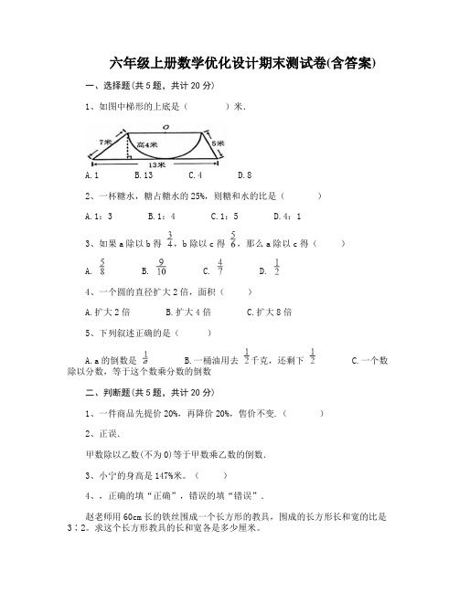 六年级上册数学优化设计期末测试卷(含答案)