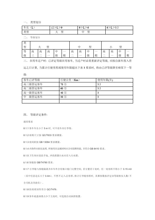 营运客车等级划分及评定标准