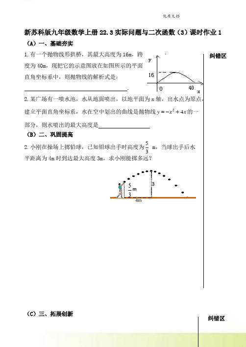 新苏科版九年级数学上册22.3实际问题与二次函数(3)课时作业1