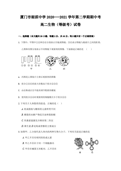 厦门市湖滨中学高二下学期期中考试生物(等级考)试题-含答案