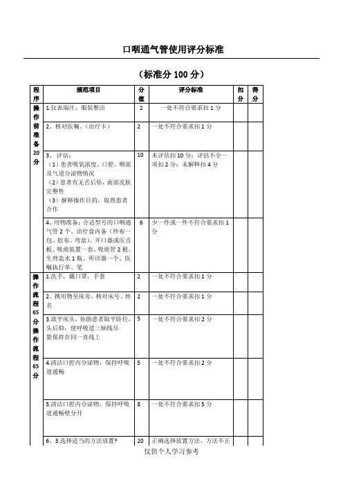 口咽通气管使用评分标准