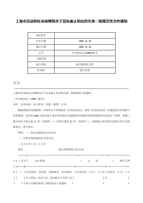 上海市劳动和社会保障局关于宣布废止和自然失效一批规范性文件通知-沪劳保法发[1999]85号