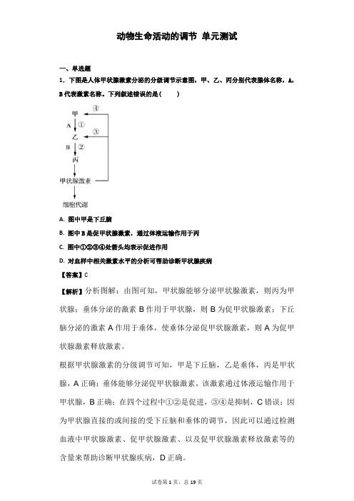 2019届浙科版  动物生命活动的调节 单元测试 (2)