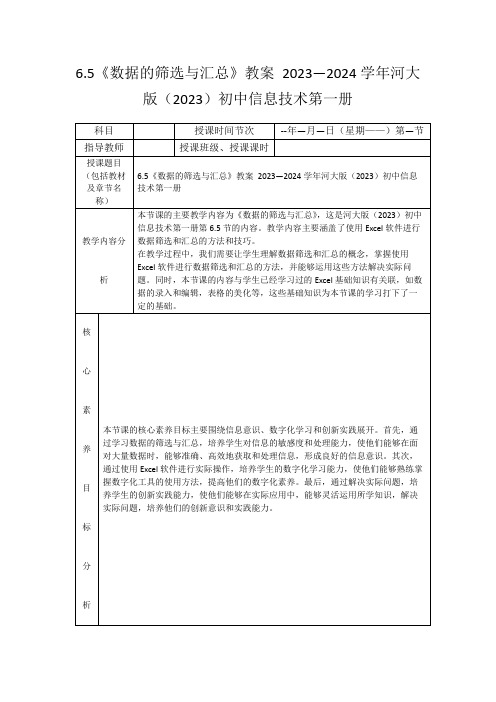 6.5《数据的筛选与汇总》教案2023—2024学年河大版(2023)初中信息技术第一册