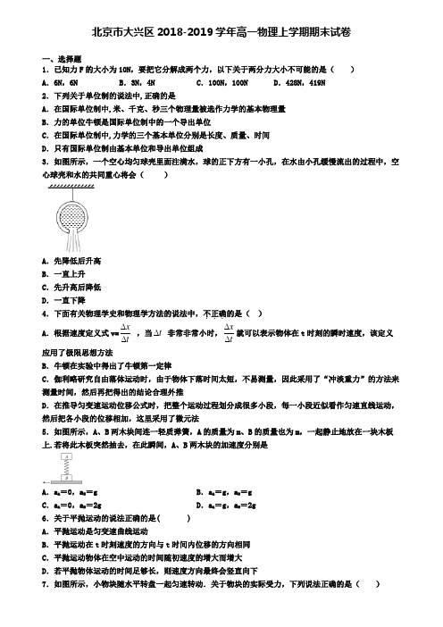 北京市大兴区2018-2019学年高一物理上学期期末试卷