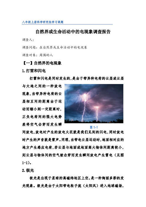 研究性学习课题 调查在自然界或生命活动中的电现象 调查报告