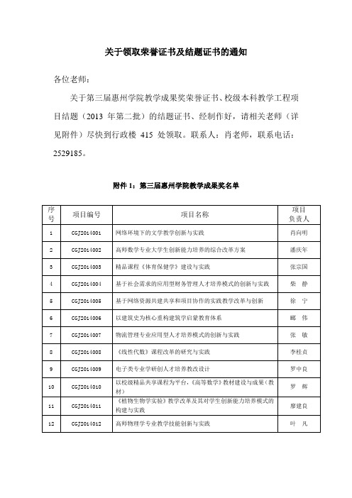 关于领取荣誉证书及结题证书的通知