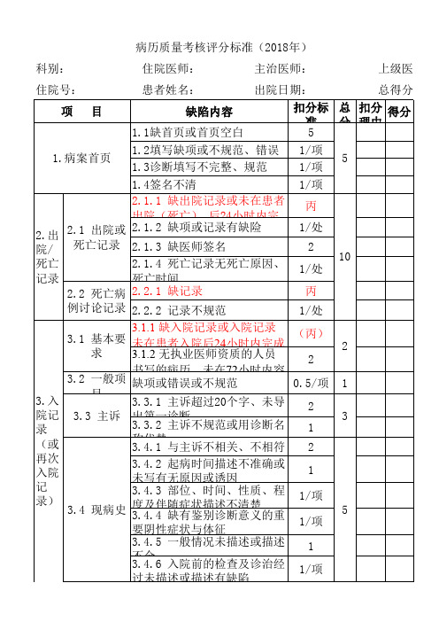 病历质量评分标准(2018)