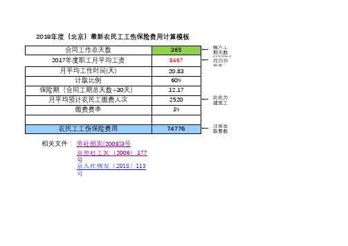 2018年度(北京)最新农民工工伤保险费用计算模板