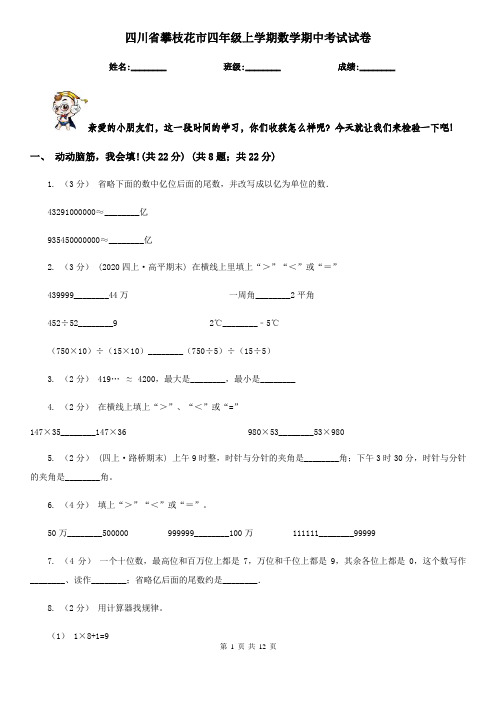 四川省攀枝花市四年级上学期数学期中考试试卷