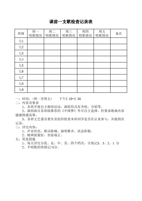 课前一支歌检查记录及评分标准表