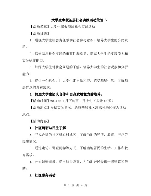 大学生寒假基层社会实践活动策划书