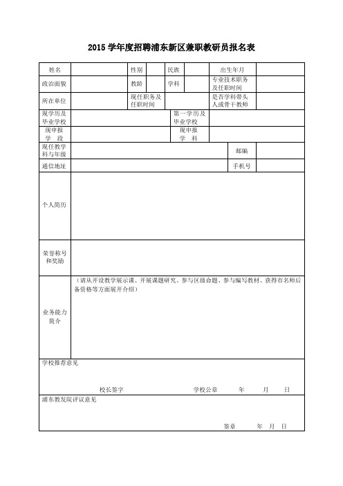 2015学年度招聘浦东新区兼职教研员报名表