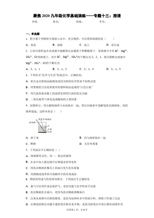 聚焦2020九年级化学基础演练——专题十三：溶液 答案和解析