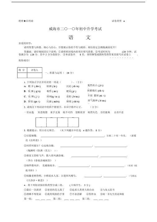 山东省威海市初中升学考试语文试卷及答案.docx