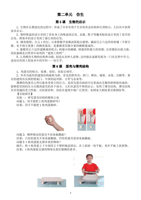 小学科学苏教版五年级下册第二单元《仿生》知识点整理(共4课,含实验探究)(2022新版)