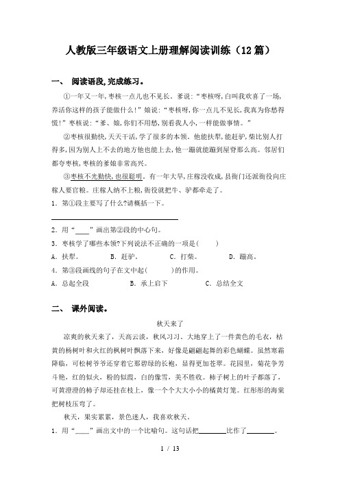 人教版三年级语文上册理解阅读训练(12篇)