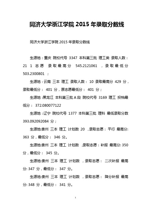 同济大学浙江学院2015年录取分数线