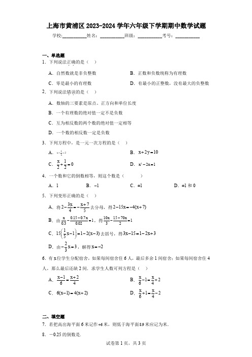 上海市黄浦区2023-2024学年六年级下学期期中数学试题