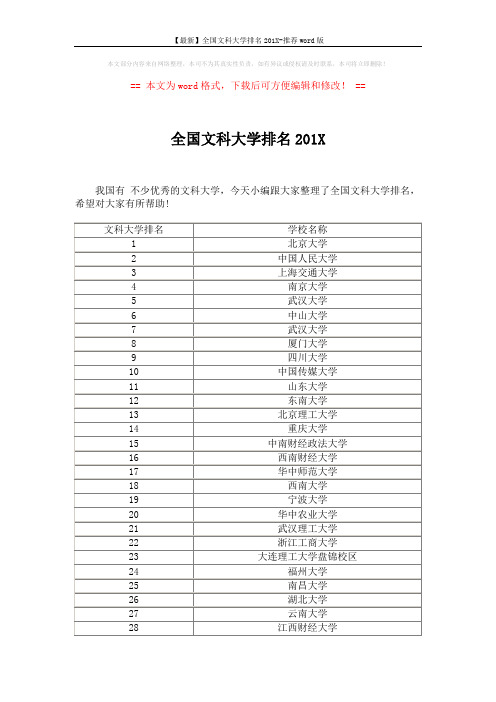 【最新】全国文科大学排名201X-推荐word版 (4页)