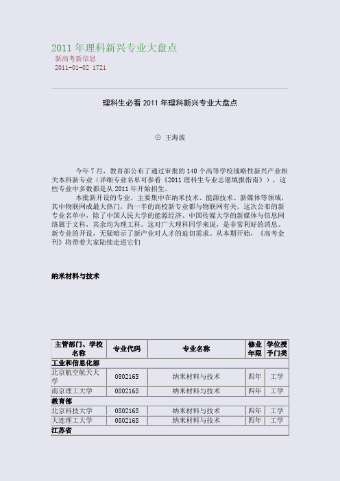 2011年理科新兴专业大盘点