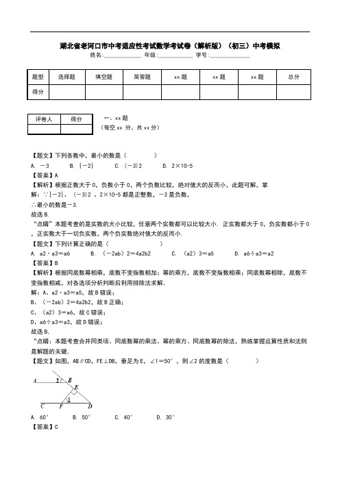 湖北省老河口市中考适应性考试数学考试卷(解析版)(初三)中考模拟.doc