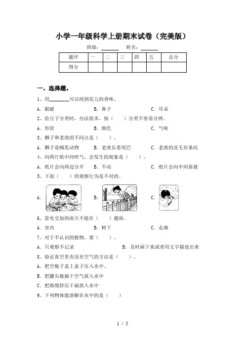 小学一年级科学上册期末试卷(完美版)