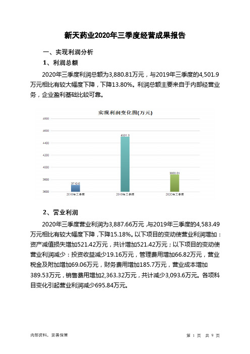 新天药业2020年三季度经营成果报告