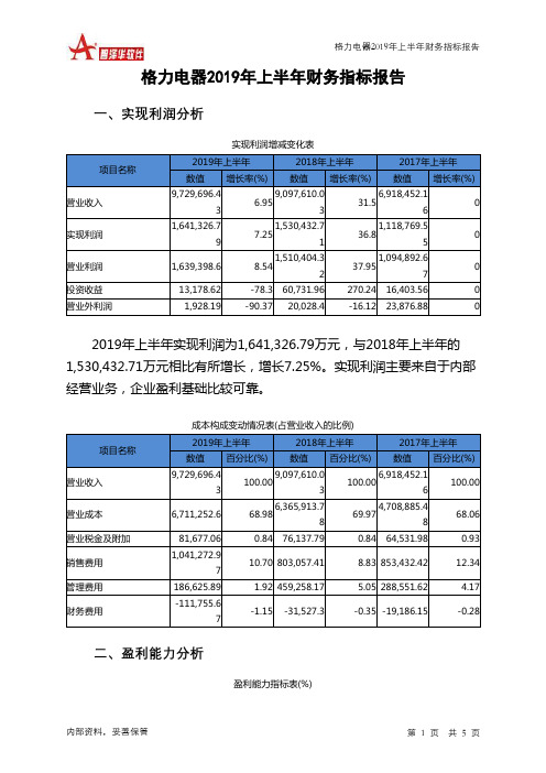 格力电器2019年上半年财务指标报告