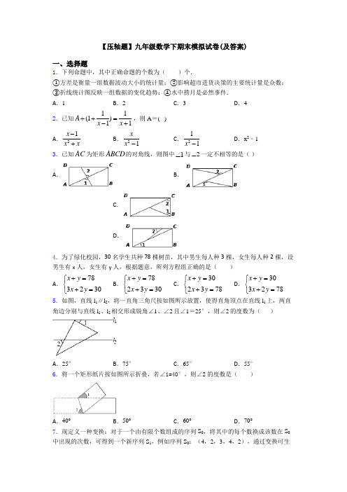 【压轴题】九年级数学下期末模拟试卷(及答案)