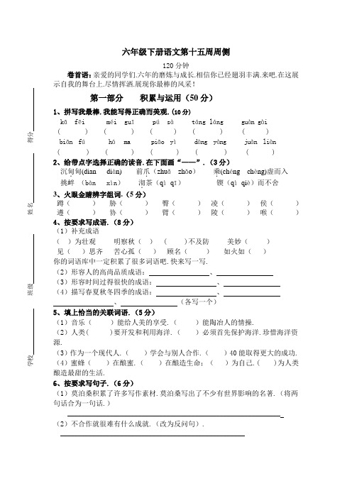 六年级下册语文第十五周周练