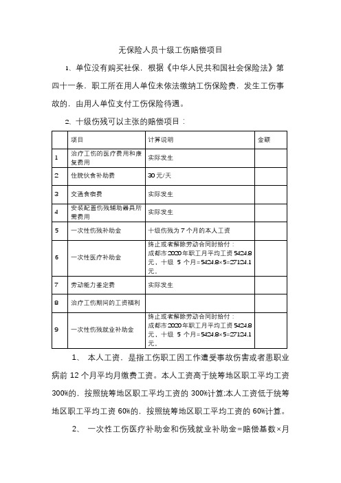 无社保十级工伤赔偿标准