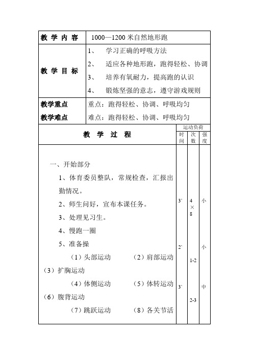 五年级下学期体育《1000--1200米自然地形跑》教案