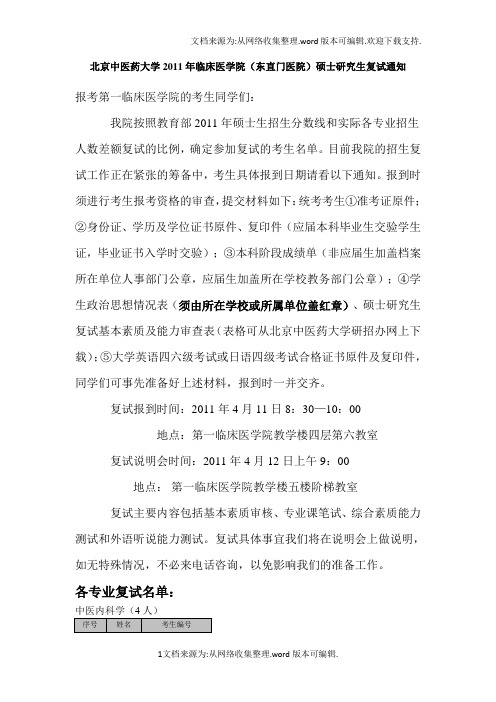 北京中医药大学2011年临床医学院(东直门医院)硕士研究生
