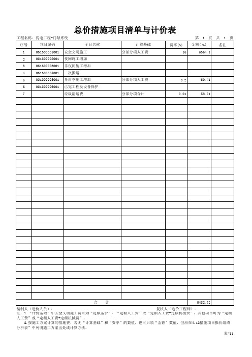 广联达预算-表-11 总价措施项目清单与计价表