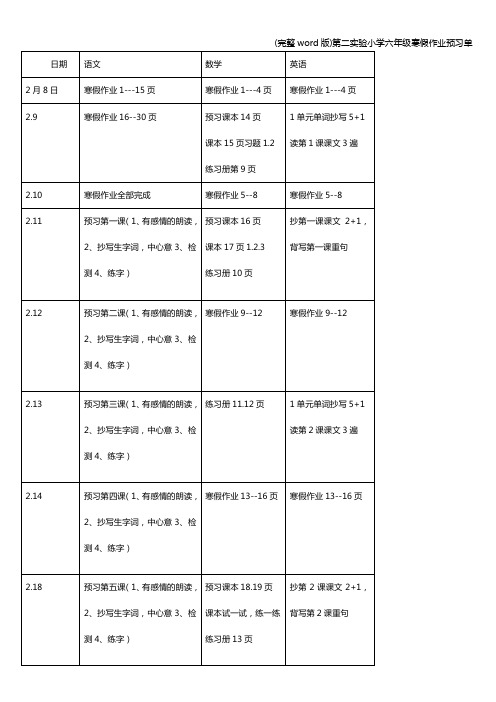 (完整word版)第二实验小学六年级寒假作业预习单