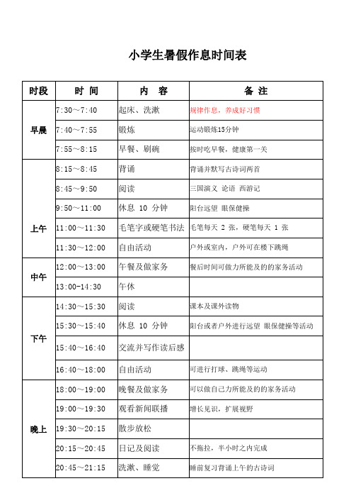 小学生暑假作息时间表(A4纸一张可直接编辑打印)