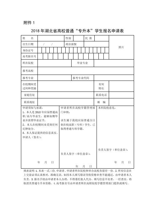 2018年湖北省高校普通“专升本”学生报名申请表