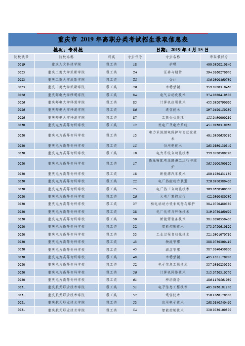 重庆市2019年高职分类考试招生录取信息表(理工类专科批)(1)