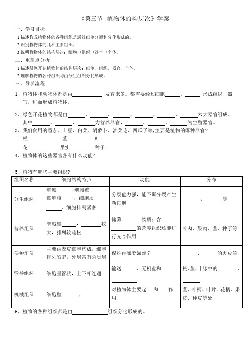 四川省渠县崇德实验学校2020年中考九年级生物复习集体备课学案设计:《第三节 植物体的结构层次》W