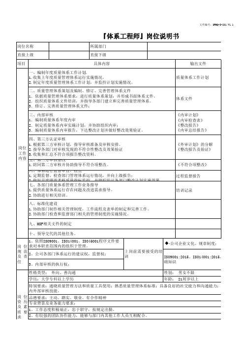 体系工程师岗位说明书