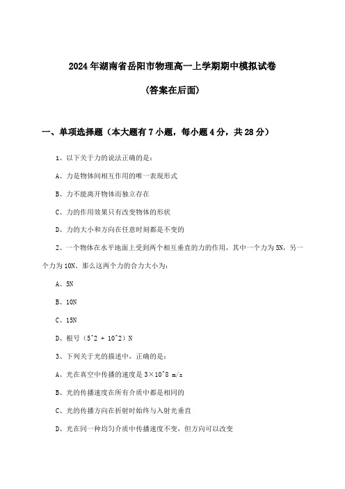 湖南省岳阳市物理高一上学期期中试卷及答案指导(2024年)